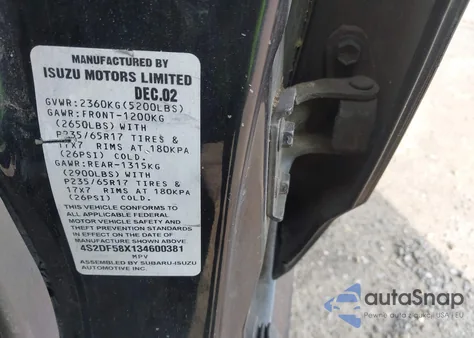 2003 Isuzu Axiom S/Xs из США, поврежденный, VIN 4S2DF58X134600381